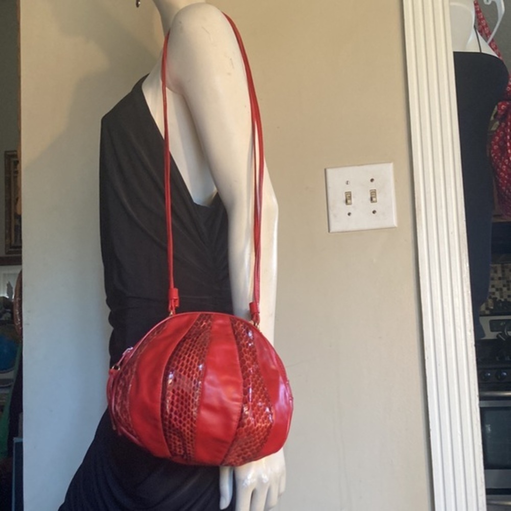 Woman’s Red Faux Leather & Snakeskin Ballooned Crossbody Purse - Picture 7 of 9